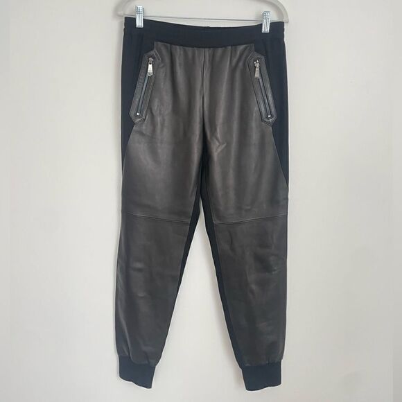 NWT Vince Black Lamb Leather Crepe Mixed Media Jogger Pants Trousers - Picture 7 of 12